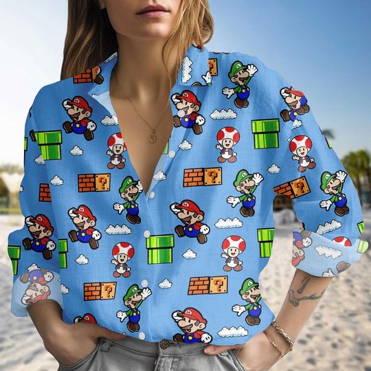 Discover Mario Luigi Linen-Look Shirt, Retro Nintendo Beach Blouse Shirt, Cartoon Summer Vacation Top, Gamer Girl Gift, Casual Women Shirt