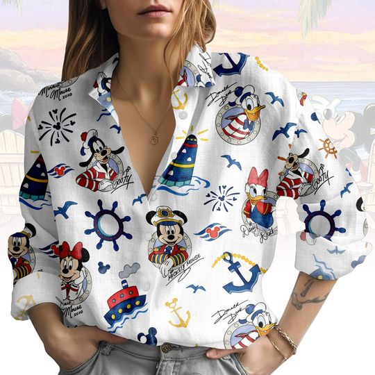 Discover Mickey Mouse Blouse Shirt, Disney Button Women Shirt, Cartoon Women Top, Women Blouse Top, Gift for Disney Fan