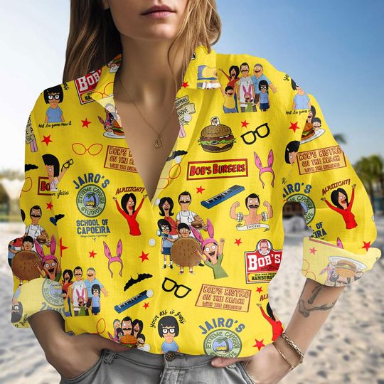 Discover Bob's Burgers Blouse Shirt, Cartoon Linen-look Shirt, Fun Button Down Blouse, Quirky Vacation Shirt, Holiday Gift