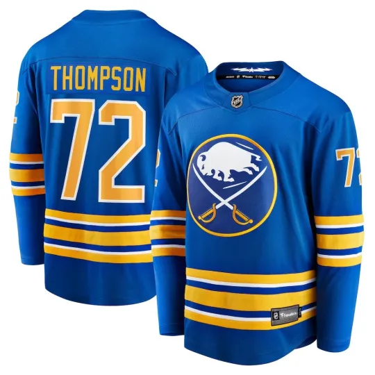 Discover Men's Sabress #72 Tage Thompson Royal Home Breakaway Player Printed Jersey