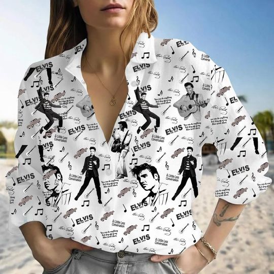 Discover Elvis Presley Women Linen Blouse Shirt Rock and Roll Music Aloha Gift