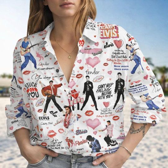Discover Elvis King Women’s Linen Blouse Shirt, Rock and Roll Music Aloha Shirt for Elvis Fans