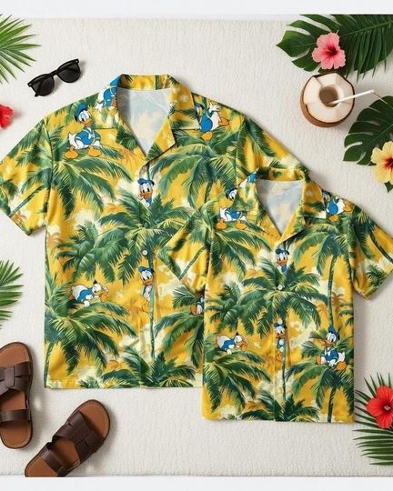 Discover Donald Duck Hawaiian Shirt with Palm Tree Print for Men and Pets