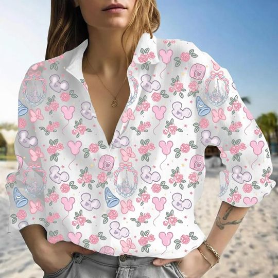 Discover Magical Castle Floral Linen Blouse for Women, Family Vacation Shirt, Disney Theme Top