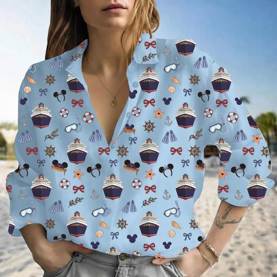 Discover Disney Cruise Line Mickey Linen-Look Blouse, Nautical Button-Down Top for Women