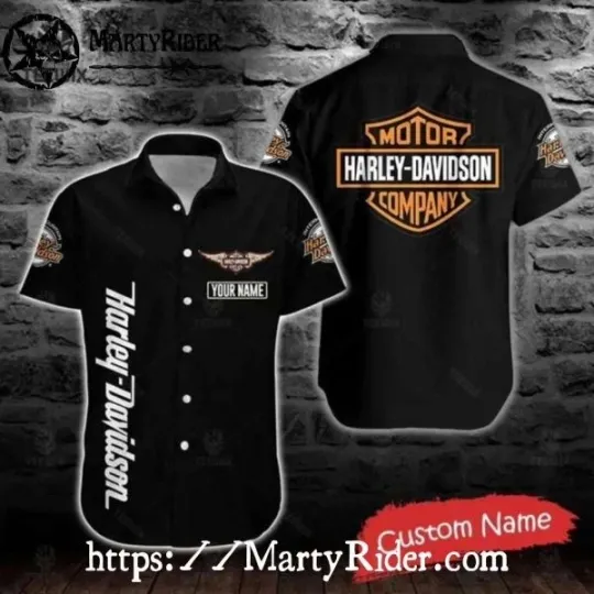 Discover Classic Black Harley Motor Racing Davidsonn Aloha Shirt With Custom Name Patch