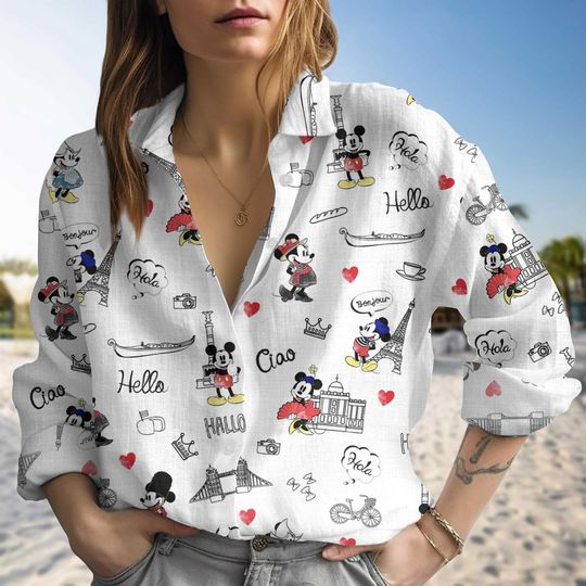Discover Disney Mickey and Minnie Linen Look Blouse, Magic Kingdom Shirt, Disneyland Button-Down Top