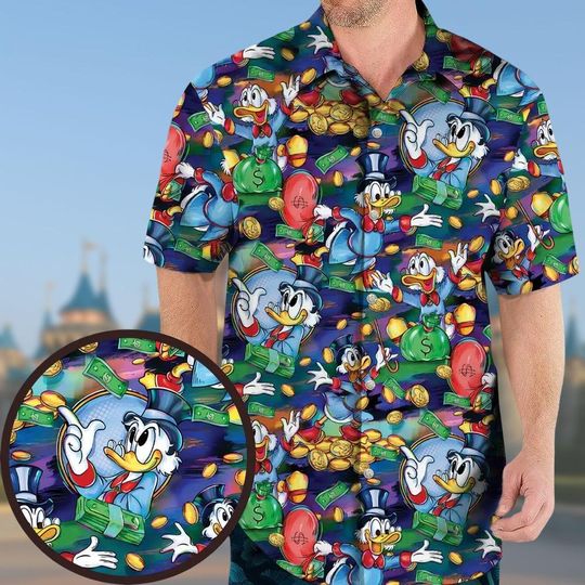 Scrooge McDuck Hawaiian Shirt, Cartoon Button Down, Disney Vacation Shirt, Fun Gift