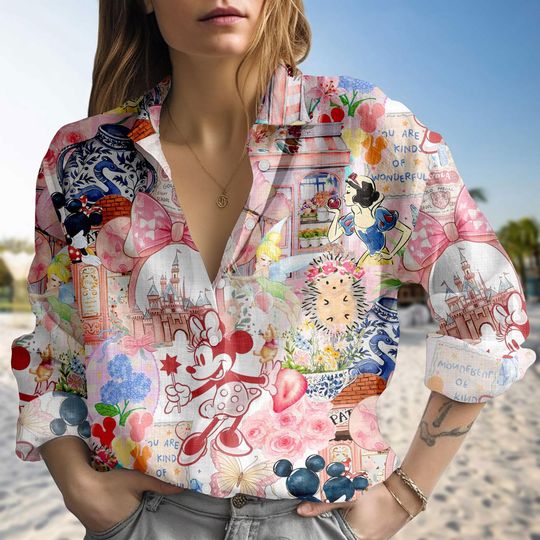 Discover Disney Mickey and Minnie Linen-Look Blouse, Princess Button Down, Magic Kingdom Vacation Shirt
