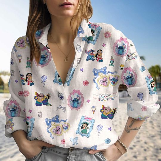 Discover Lilo N Stitch Blouse Shirt, Disney Vacation Tee, Stitch Coquette Linen-look Top, Cute Disney Stitch Summer Blouse