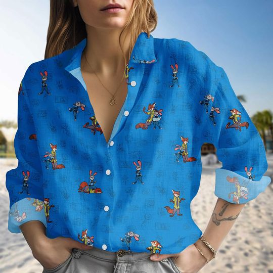 Discover Zootopia Blouse Shirt, Disney Character Linen-look Shirt, Fox And Bunny Button Down Blouse, Cartoon Vacation Shirt, Birthday Gift