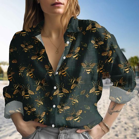 Discover Bee Blouse Shirt, Cute Button Up Top with Bee Print, Casual Outfit, Cottagecore Aesthetic Clothing, Blouse Shirt