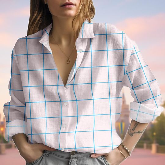 Discover White Blue Grid Linen Look Blouse Shirt, Casual Button Down Shirt For Women, Lightweight Beach Shirt