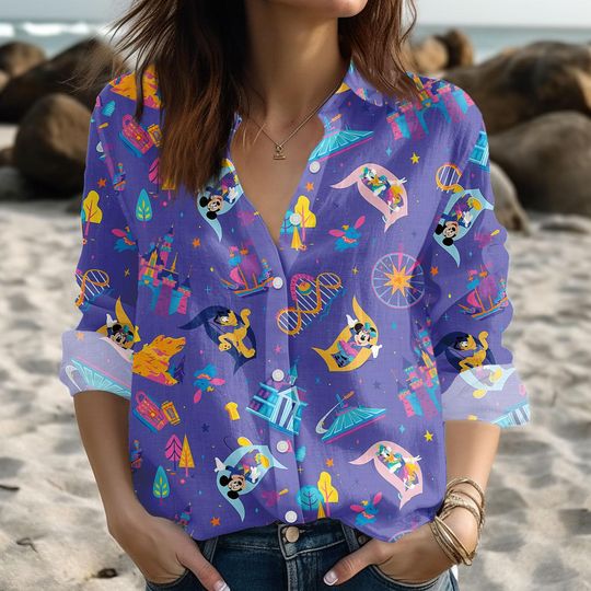 Discover Disney Mickey Mouse Linen-Style Blouse, Cartoon Button-Down Top, Vacation Themed Women's Shirt