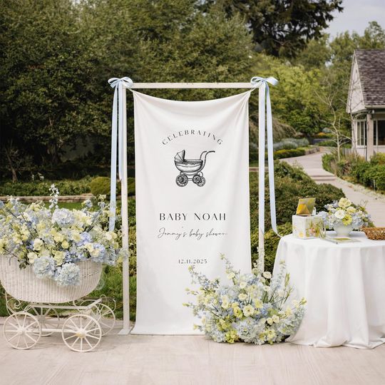 Discover Baby Shower Banner, Custom Sign, Fabric Welcome Backdrop, Vintage Stroller, Photo Prop, Gender Reveal