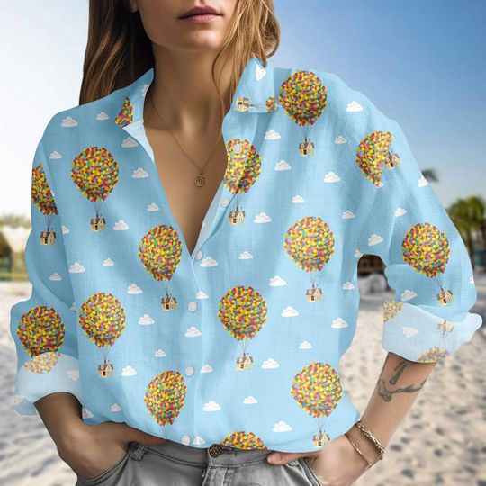 Discover Women’s Balloon Linen-Look Blouse, Colorful Button-Down Shirt, Vacation Style Top, Unique Gift