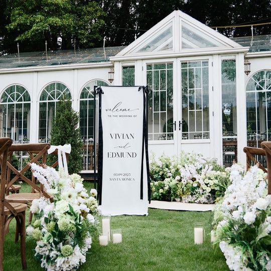 Discover Wedding Welcome Sign, Custom Hanging Banner for Outdoor, Garden Ceremony Decor