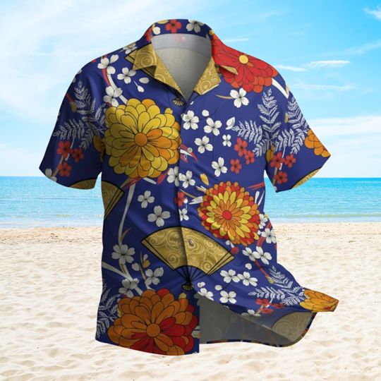 Discover Vintage Japanese Pattern Hawaiian Shirt, Retro Aloha Button-Down for Men, Summer BeachWear