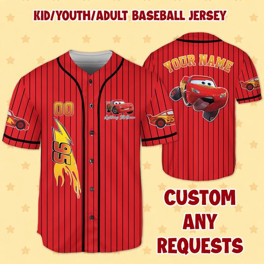 Lightning McQueen Cars Baseball Jersey, Pixar Cars Shirt, Kids Youth Adult Outfit