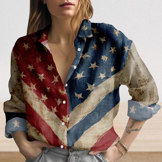 Discover Vintage American Flag Blouse Shirt for Women, Patriotic Stars and Stripes Button-Up, USA Anniversary Top
