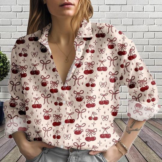 Cherry Linen-Look Blouse, Women’s Casual Top, Retro Cherry Print Shirt, Bow Detail Summer Blouse