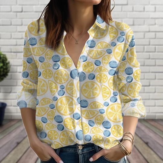 Lemon Blueberry Fruit Print Women's Blouse Summer Button-Up Shirt