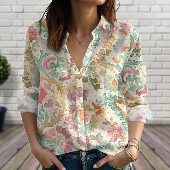 Discover Pastel Botanical Linen-Look Shirt, Vintage Floral Art Blouse Shirt, Summer Button Up Top, Boho Casual Shirt, Vintage Floral Shirt