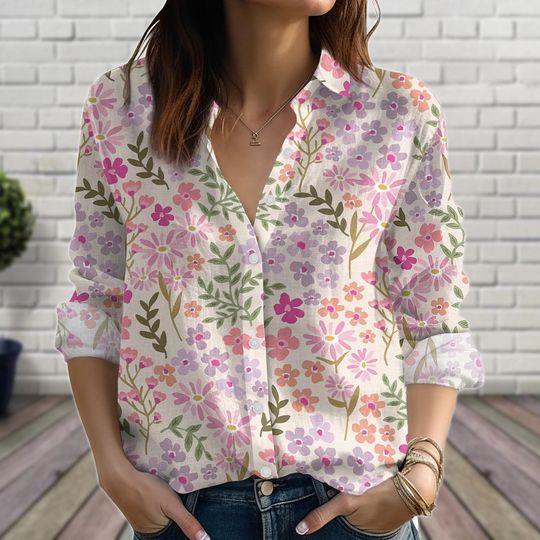 Discover Pink Wildflower Casual Blouse Shirt, Cute Floral Linen-Look Shirt, Summer Button Up Top, Casual Women Shirt, Gift For Her
