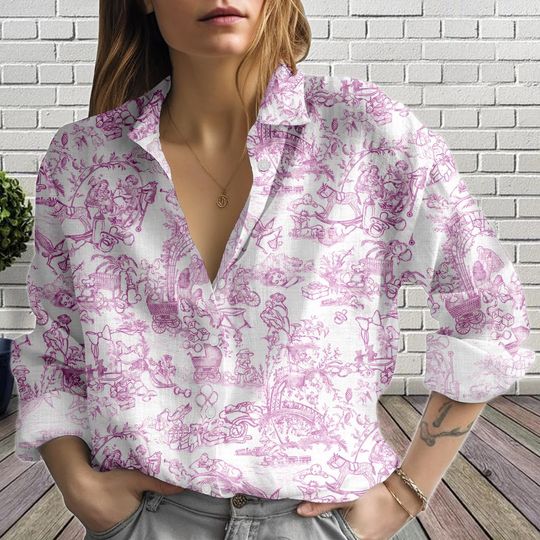 Discover Pink Toile Linen-Look Blouse for Women, Vintage Countryside Button Shirt, Lightweight Women's Tops