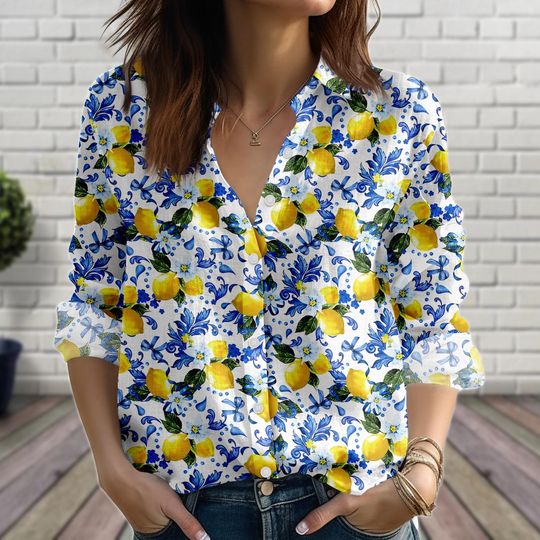 Discover Lemon Casual Linen-Look Blouse, Summer Button-Up Shirt for Women