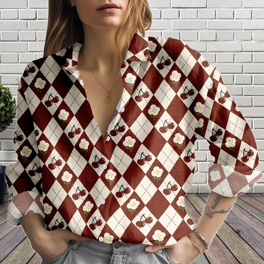 Cherry Linen-Look Shirt for Women, Red Argyle Button-Up Blouse, Retro Fruit Button Top, Casual Summer Blouse, Vintage Cherry Shirt