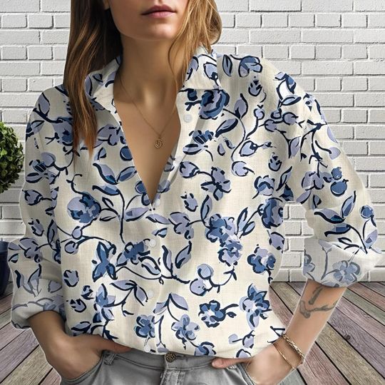 Discover Blue Floral Women's Blouse Shirt with Abstract Flower Print, Summer Casual Vintage Top