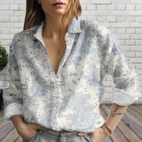 Discover Forest Deer Toile Linen-Look Blouse for Women