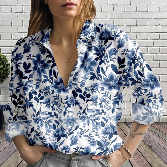 Discover Vintage Floral Linen-Look Blouse, Boho Romantic Cottagecore Shirt, Women's Button Top