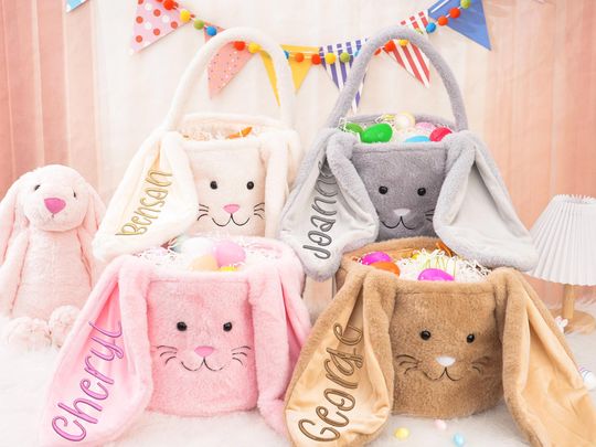 Embroidered Plush Easter Bunny Basket: Personalized Easter Bag