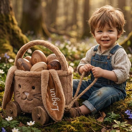 Personalized Brown Plush Easter Bunny Bucket For Boys Jumbo Embroidered Name Rabbit Basket Cottagecore Spring Decor Kids Egg Hunt Bag