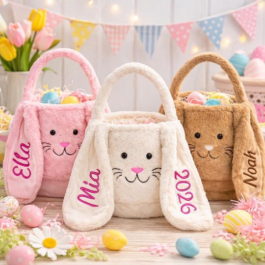 Personalized Plush Easter Bunny Basket: Embroidered Easter Bag