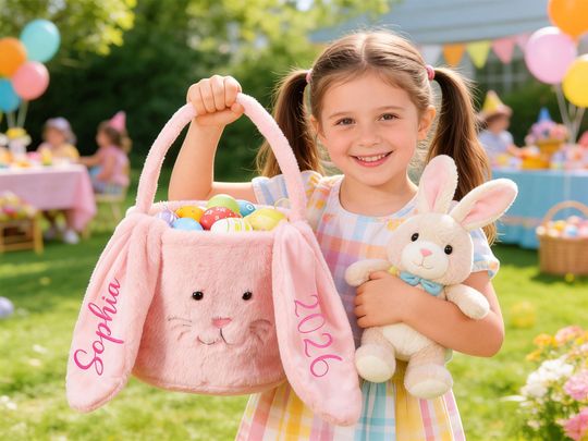 Personalized Plush Easter Basket Custom Bunny Bag Kids Bunny Basket with Embroidered Name Easter Bucket Easter Gifts for Girls Boys