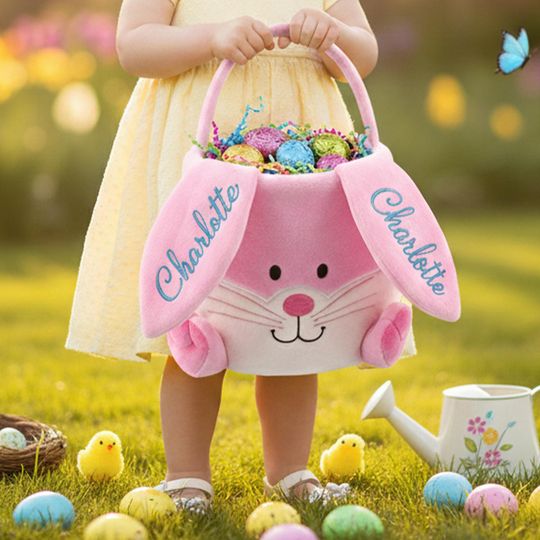 Custom Easter Basket with Name, Plush Bunny Ears Bag for Boys and Girls, Personalized 2026 Egg Hunt Bucket, Soft Embroidered Tote