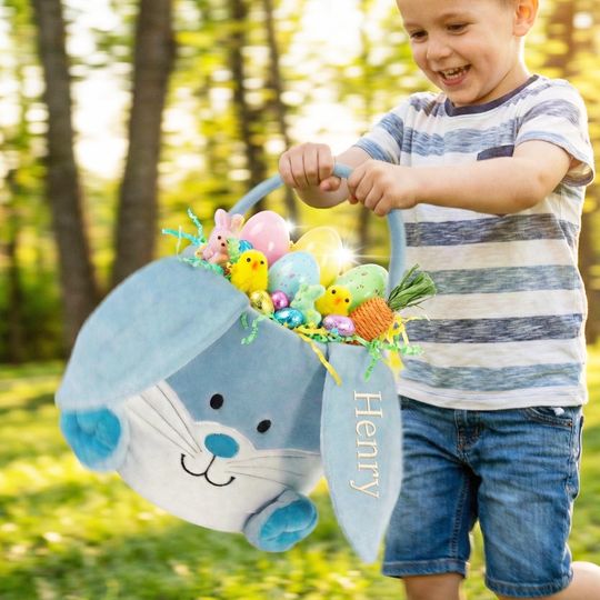 Personalized Easter Bucket Boy, Blue Bunny Ear Tote with Name, Custom Embroidered Gift 2026, Soft Plush Egg Hunt Bag for Nephew