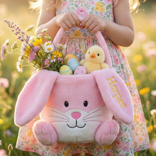 Personalized Pink Easter Basket Girl, Custom Name Bunny Bucket 2026, Embroidered Plush Bag for Daughter, Soft Egg Hunt Tote Gift
