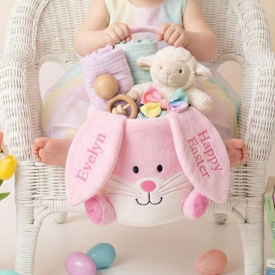 Custom Girl Easter Basket 2026, Personalized Pink Bunny Ears Bag, Embroidered Name Plush Bucket, First Easter Gift for Baby Girl