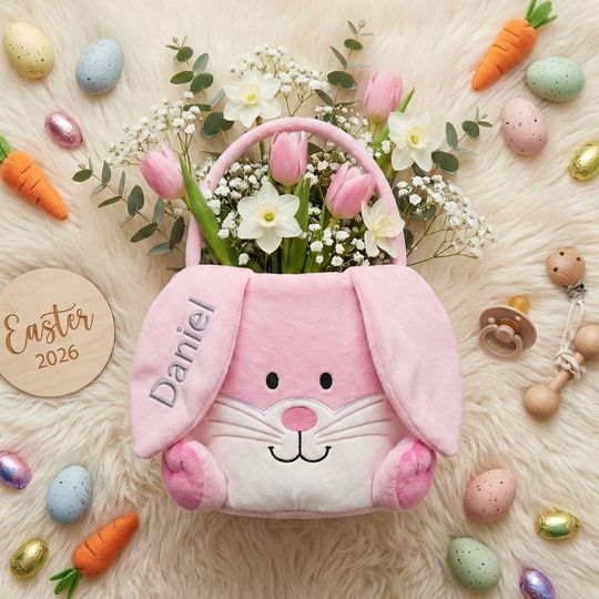 Embroidered First Easter Basket, Personalized Bunny Ear Bucket 2026, Custom Name Plush Bag, Baby Keepsake Gift for Grandchild