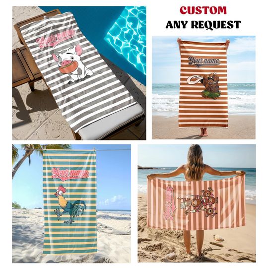 Discover Groovy Disney Moana Striped Personalized Beach Towel, Maui Moana Hei Hei Pua Pool Party Towels, Retro Style Bridesmaid Towel, Birthday Gift