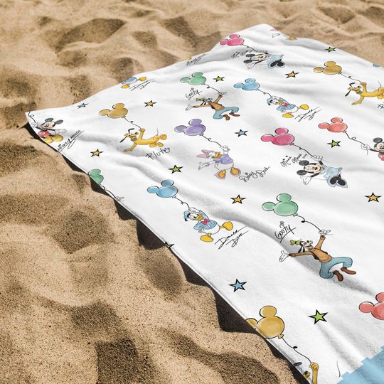 Discover Personalize Mickey Mouse Sketch Beach Towel, Custom Disney Balloon Beach Towel, Magic Kingdom Retro Park Summer Vacation Gear Gift