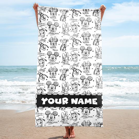 Discover Personalized Monochrome Sketch Art Mickey And Friends Beach Towel, ickey Mouse Black White Pool Party Towels, Magic Kingdom Gift Towel