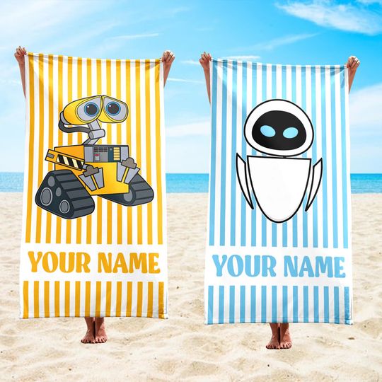 Discover Disney WALL-E Striped Personalized Beach Towel, WALL-E and EVE Pool Party Towels, Style Bridesmaid Towel, Birthday Gift