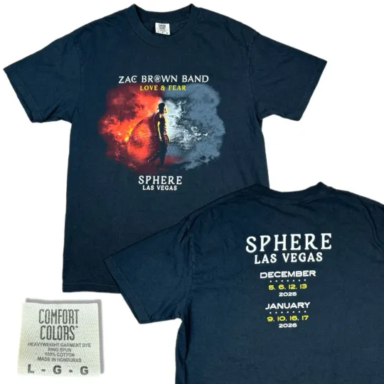 Discover Zac Brown Band Love And Fear 2025 2026 Las Vegas Sphere Tour T-shirt Size Large