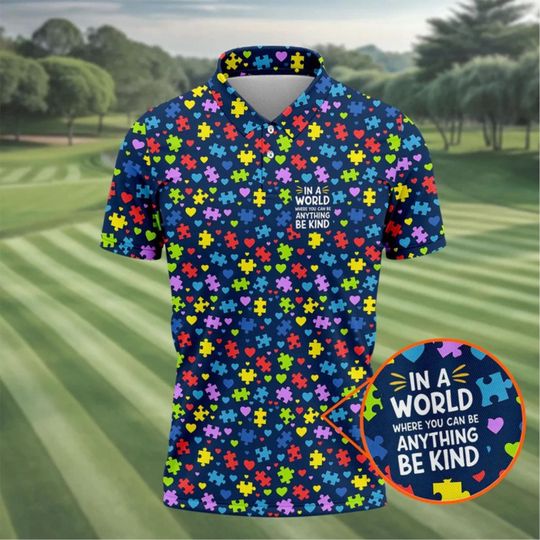Discover In A World Where You Can Be Anything Be Kind Autism Awareness Puzzle Pattern Navy Golf Shirt, Polo Shirts For Men