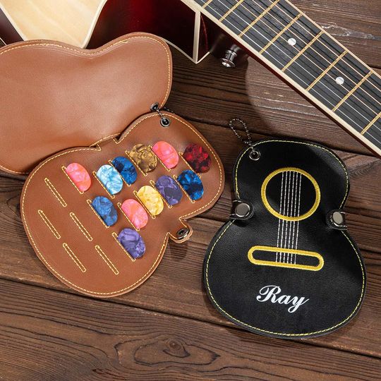Personalized PU Leather Guitar Pick Holder with Custom Name, Portable Keychain for Guitarists
